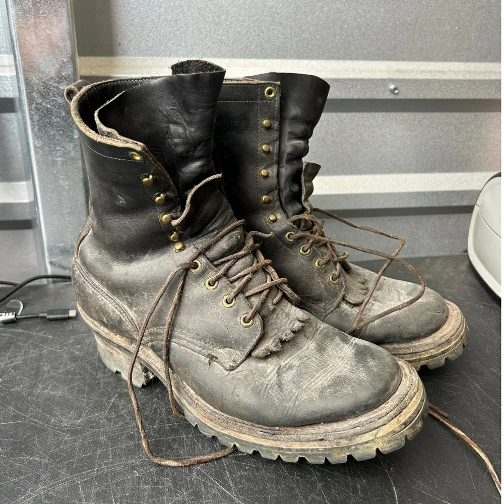 Vintage Black Leather Logger Boots Soft Toe Vibram Lug Sole Men 11.5 C Work Boot